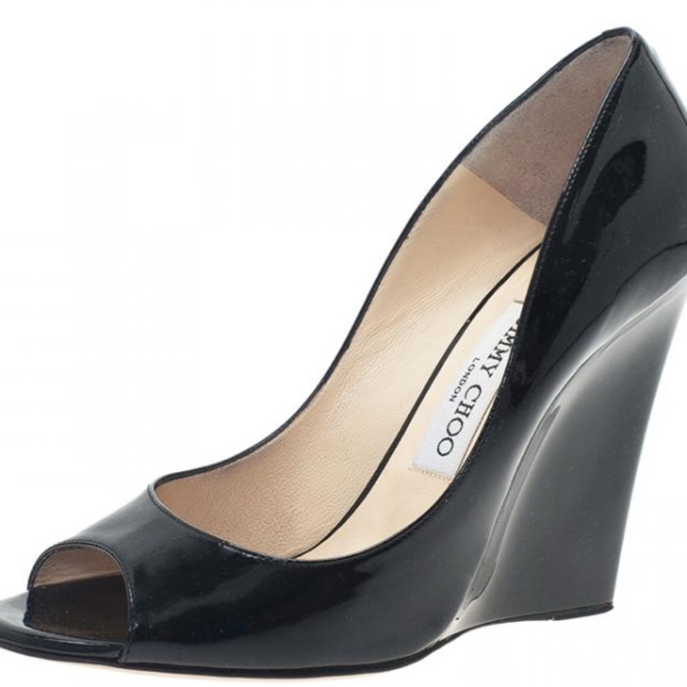 Jimmy Choo Glossy Black Baxter Wedge Peep Toes Heels